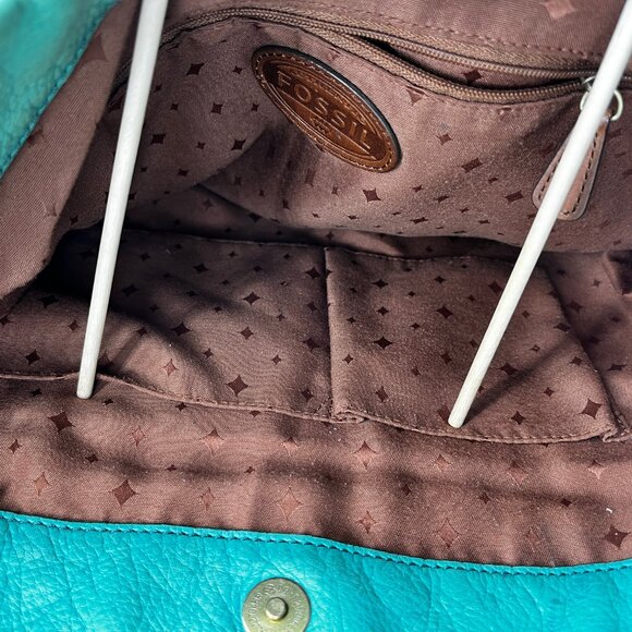FOSSIL 2 TONE LEATHER AQUA/TEAL SHOULDER BROWNLEATHERBAG W/BRASS TONE HARDWARE - Picture 7 of 12